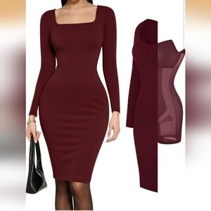 Popilush Women's Nut Red Square Neck Shapewear Tummy Control Long Sleeve Midi XL